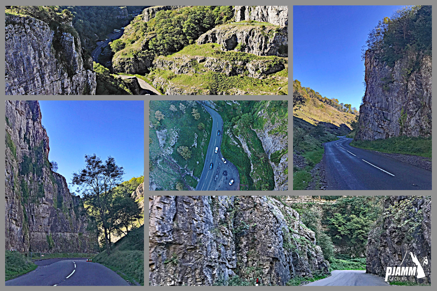 Cycling Cheddar Gorge - photo collage, winding roads tightly lined with limestone rock walls, greenery growing on top of limestone rocks