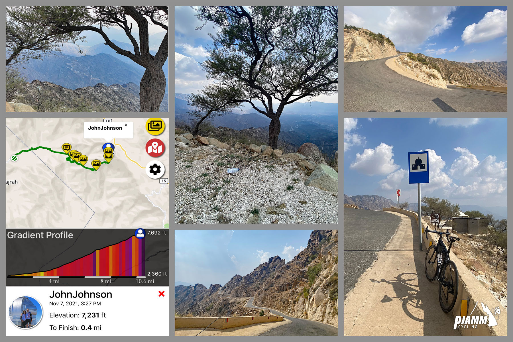 Cycling Almdan Pass, Saudi Arabia - photo collage, PJAMM Cycling tool shows climb grade and profile, trees along hillside, bike parked against low retaining wall