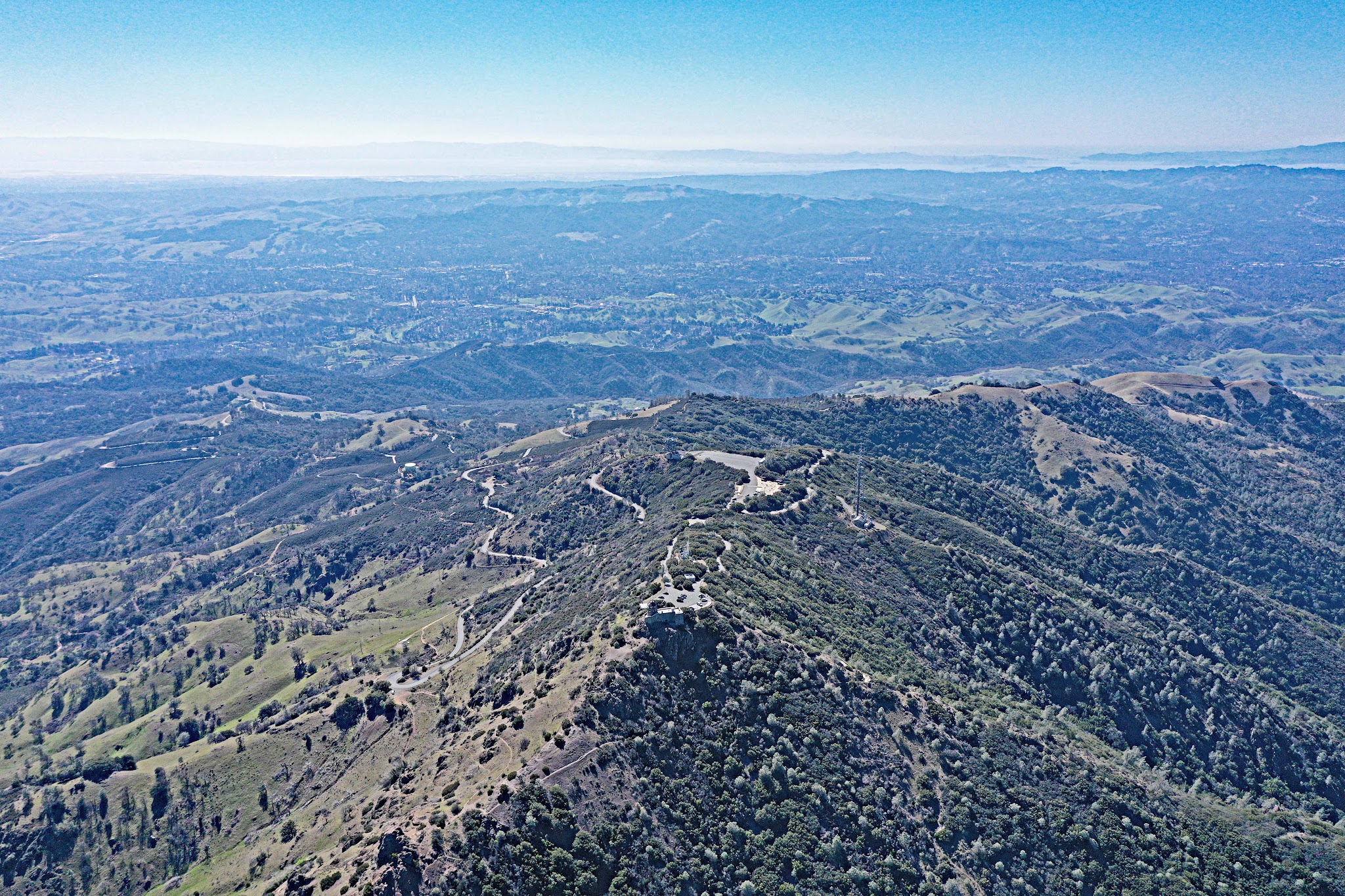Bicycle ride and climb Mt. Diablo - Summit Road, Visitor Center, Beacon - aerial drone photo