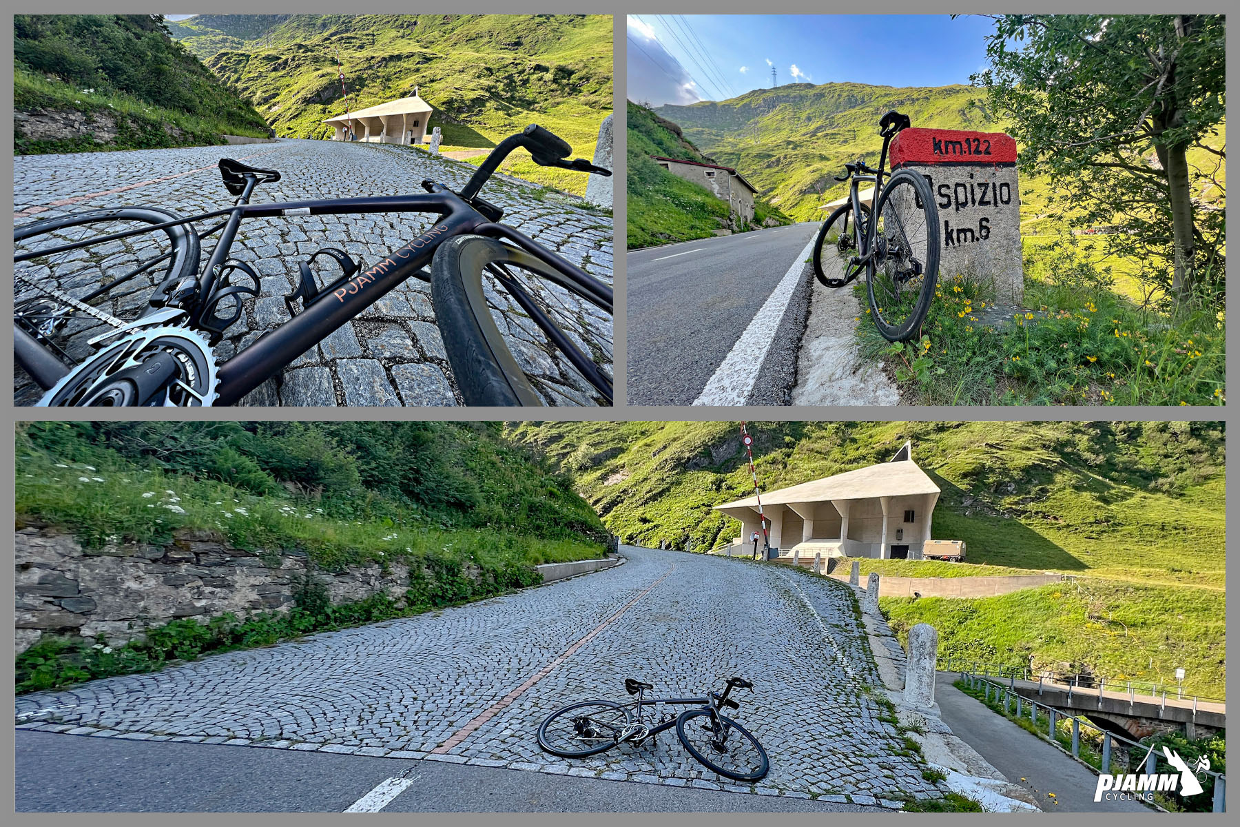 Cycling St. Gotthard Pass, Switzerland - photo collage shows bike laying on roadway at the end of the pavement and beginning of the cobblestones; bike leans against kilometer marker sign, marking km 122