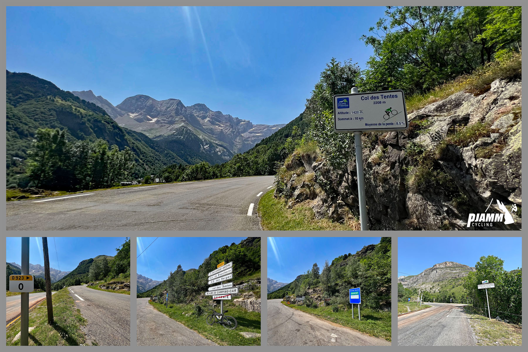 cyclist street signs with views of the Pyrenees in distance