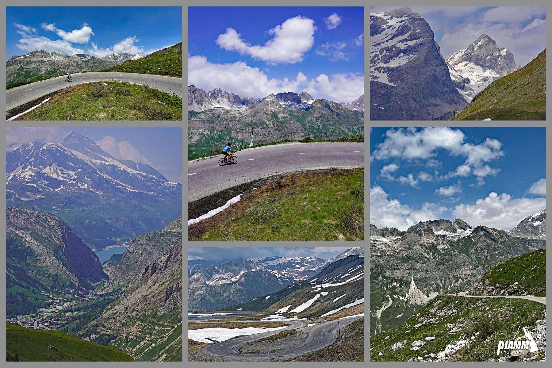 Cycling Col de L'Iseran: photo collage shows views along middle portion of climb; alpine lake in distance, snow-dotted mountain peaks; green hillsides