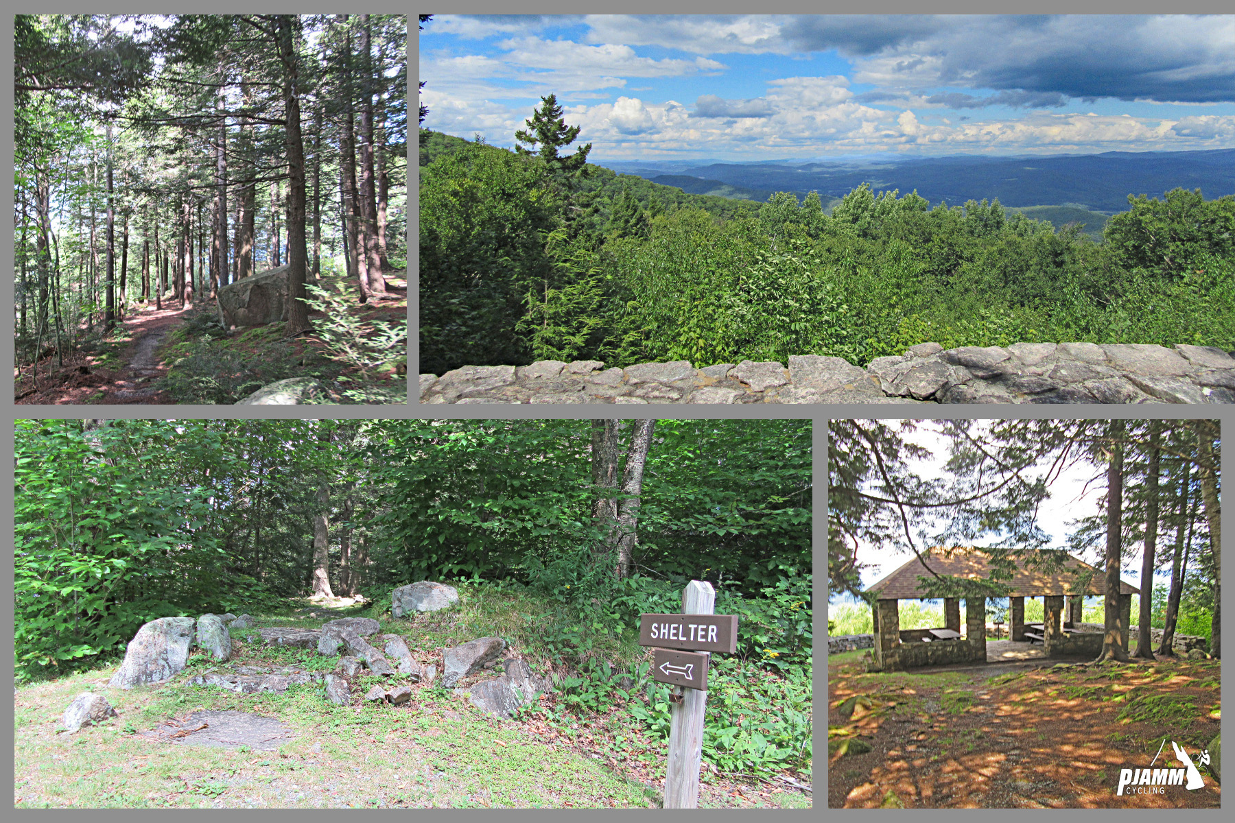 Cycling Mt. Ascutney, Vermont - photo collage, PJAMM Cycling logo in corner, lookout viewpoint of green trees, mountains in the distance, trail sign reads "Shelter", small shelter among evergreen trees