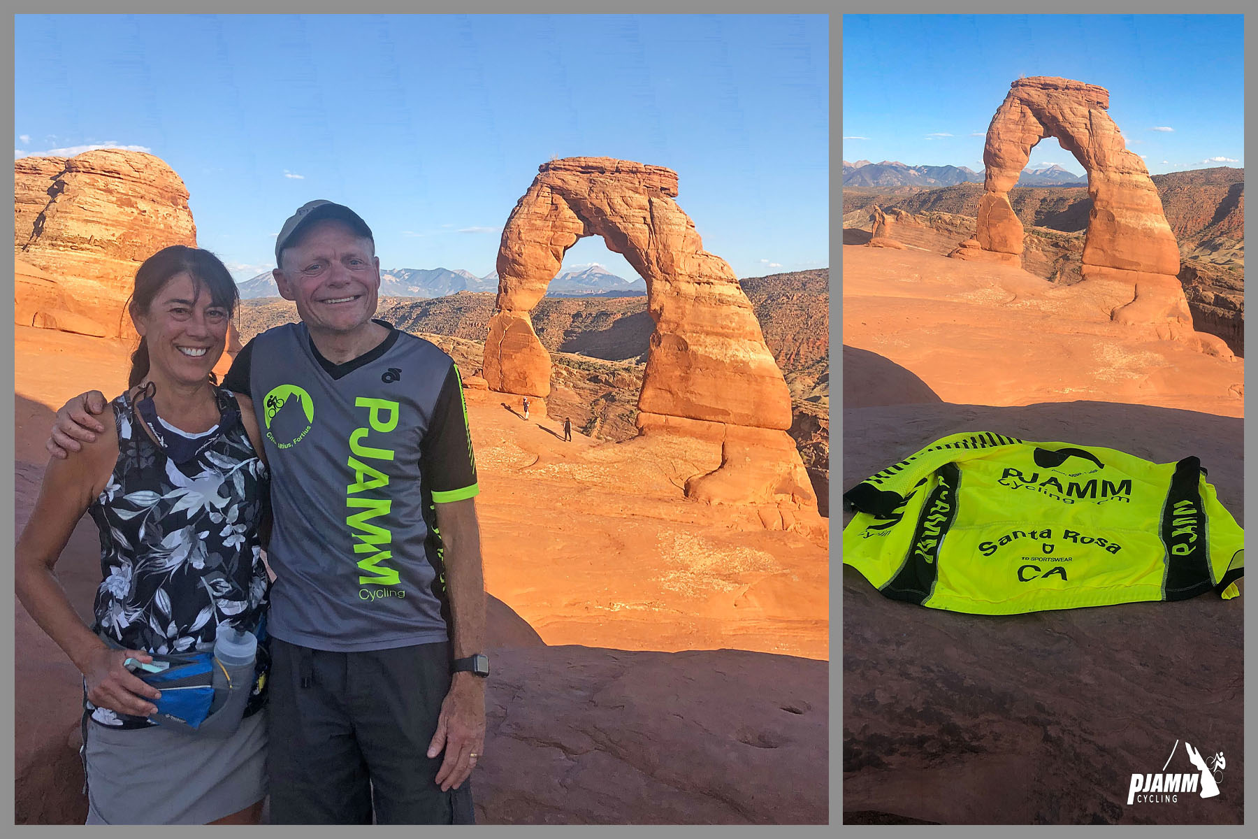 Cycling Arches National Park, Utah - photo collage, PJAMM Cycling logo in corner, John and Rochelle Johnson smile in front of Delicate Arch, yellow PJAMM Cycling jersey on ground in front of Delicate Arch