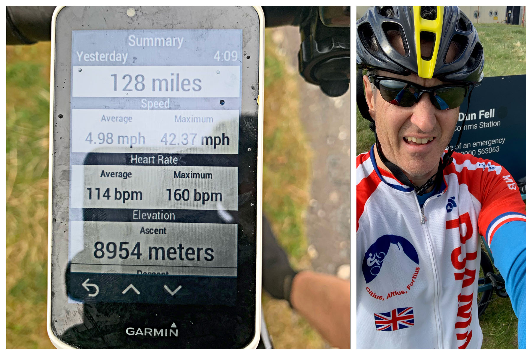 Cycling the Great Dun Fell, England view of Garmin device after climbing Great Dun Fell