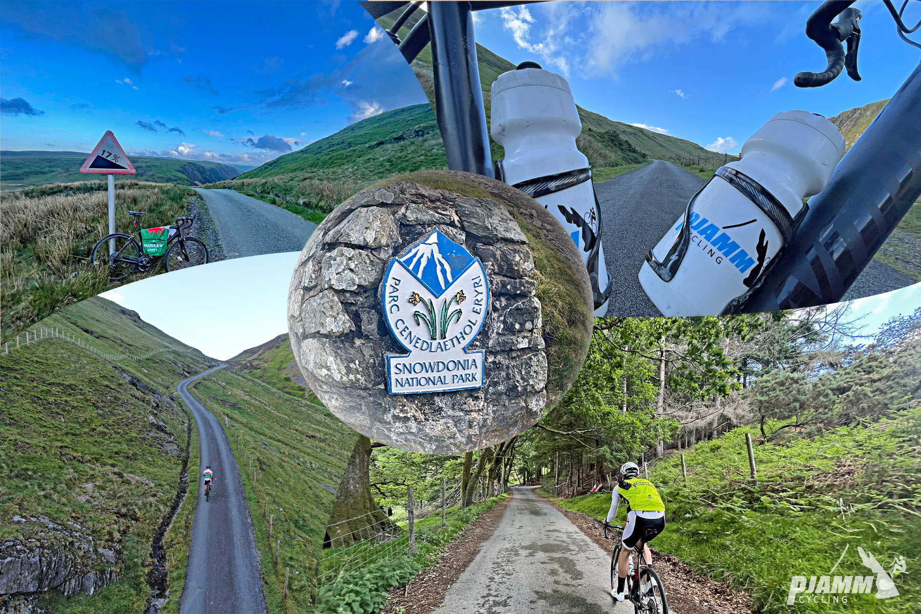 photo collage shows aerial drone view of Bwlch y Groes road, PJAMM Cyclist riding on one-lane country road, plaque for Snowdonia National Park