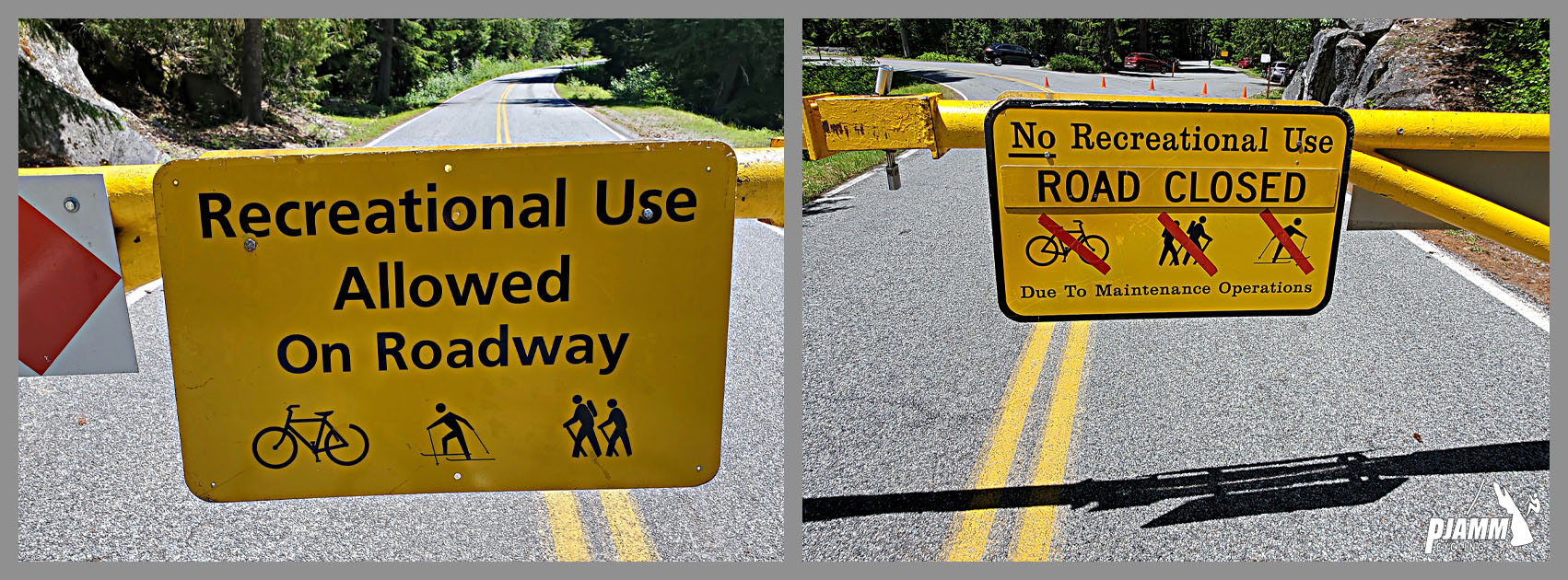 Cycling Mt. Rainier, Sunrise VC, Washington - up close of signs reading "Recreation Use Allowed on Roadway" and "No Recreational Use, Road Closed", PJAMM Cycling logo in corner