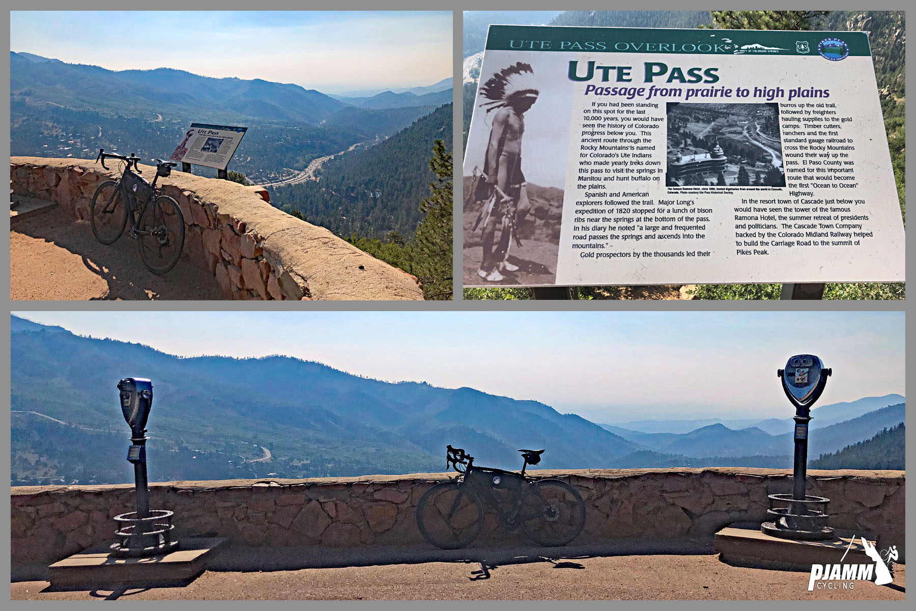 Cycling Pikes Peak - Viewpoint looking down at Highway 24 and Cascade, informational sign with info on Ute Pass, bike parked against low retaining wall