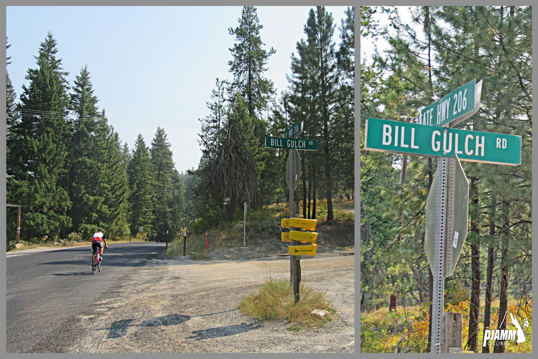 Cycling Mt. Spokane, Washington - intersection of State Highway 206 and Big Gulch Road, cyclist riding by stop sign