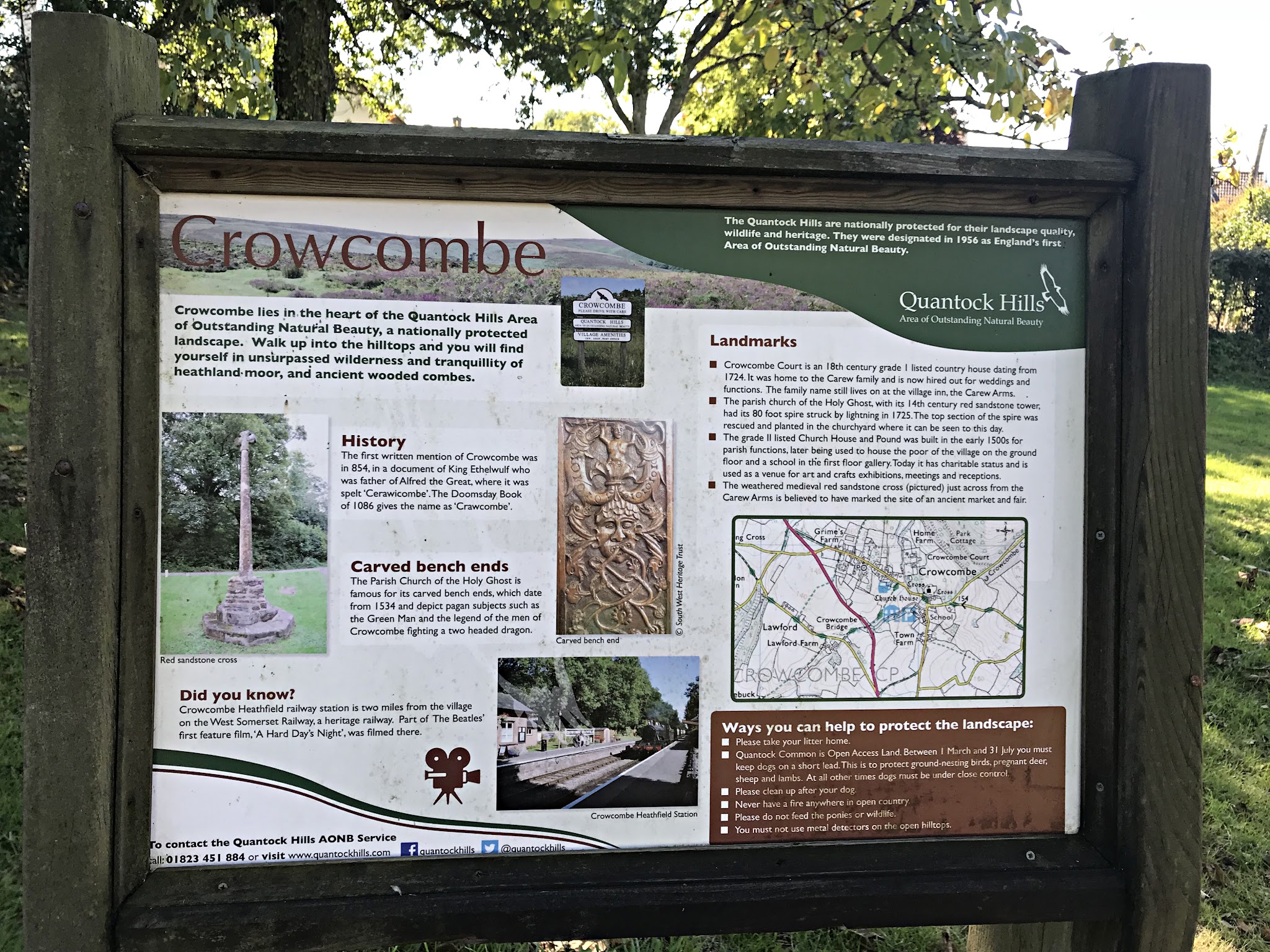 Climbing Crowcombe Comb, Somerset - informational visitors board at Crowcombe, Quantock Hills Area of Outstanding Natural Beauty