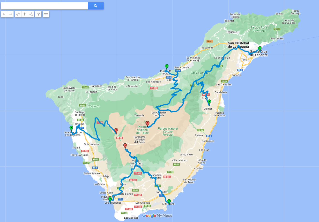 Cycling Mount Teide from Puerto Los Gigantes, Spain PJAMM Cycling map highlighting six of the most popular routes up Mt. Teide