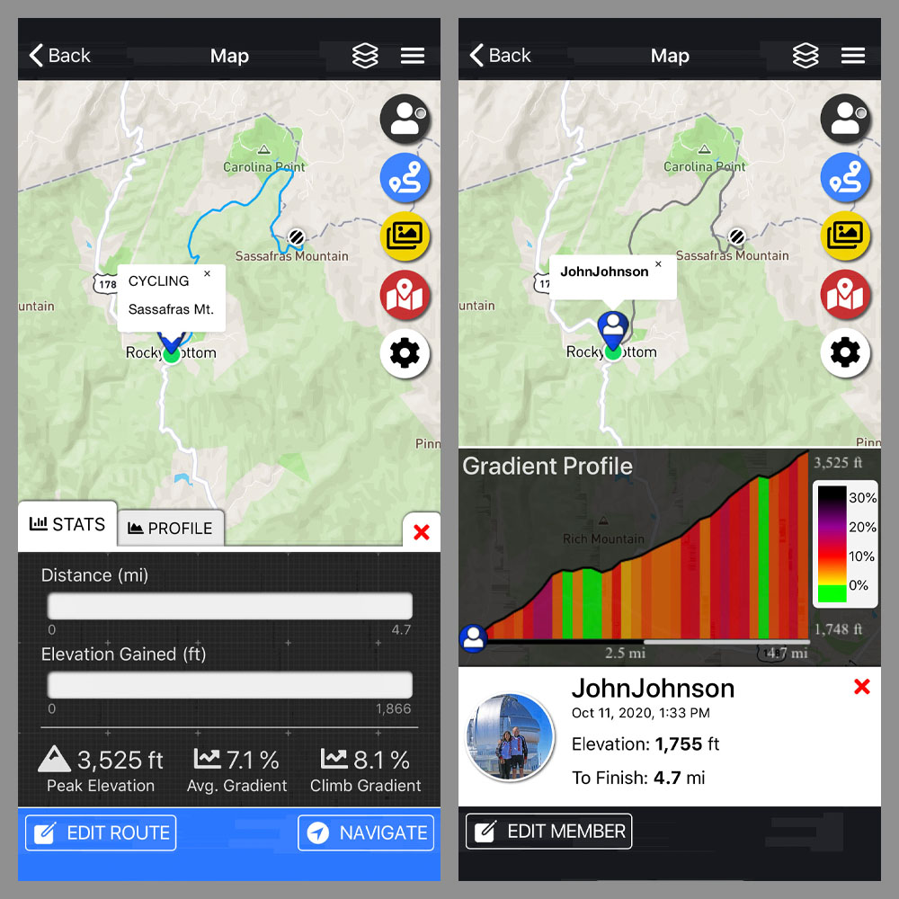 Cycling Sassafras Mountain, South Carolina - PJAMM Adventure app shows climb grade and profile