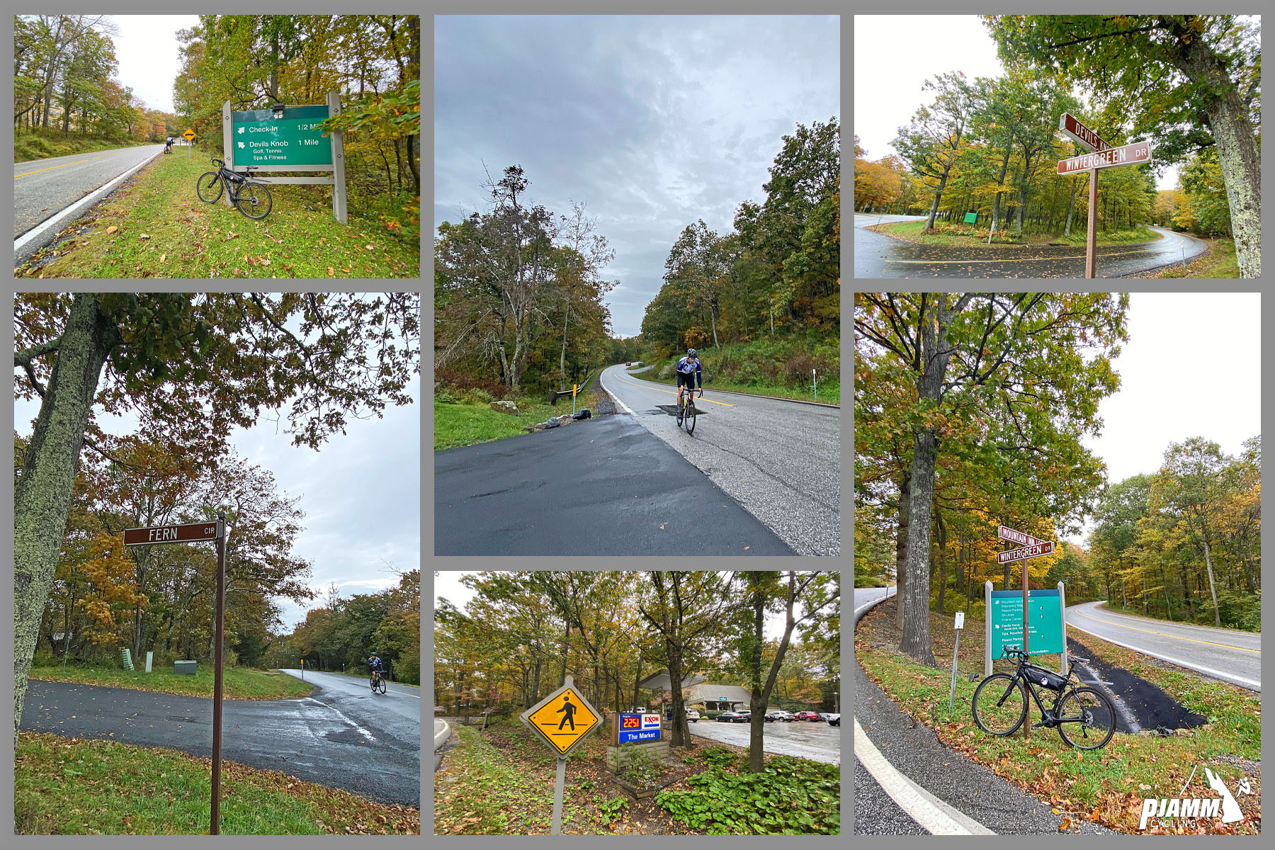 Cycling Wintergreen, Virginia - photo collage, turn onto Devil's Knob Loop, PJAMM Cycling logo in corner