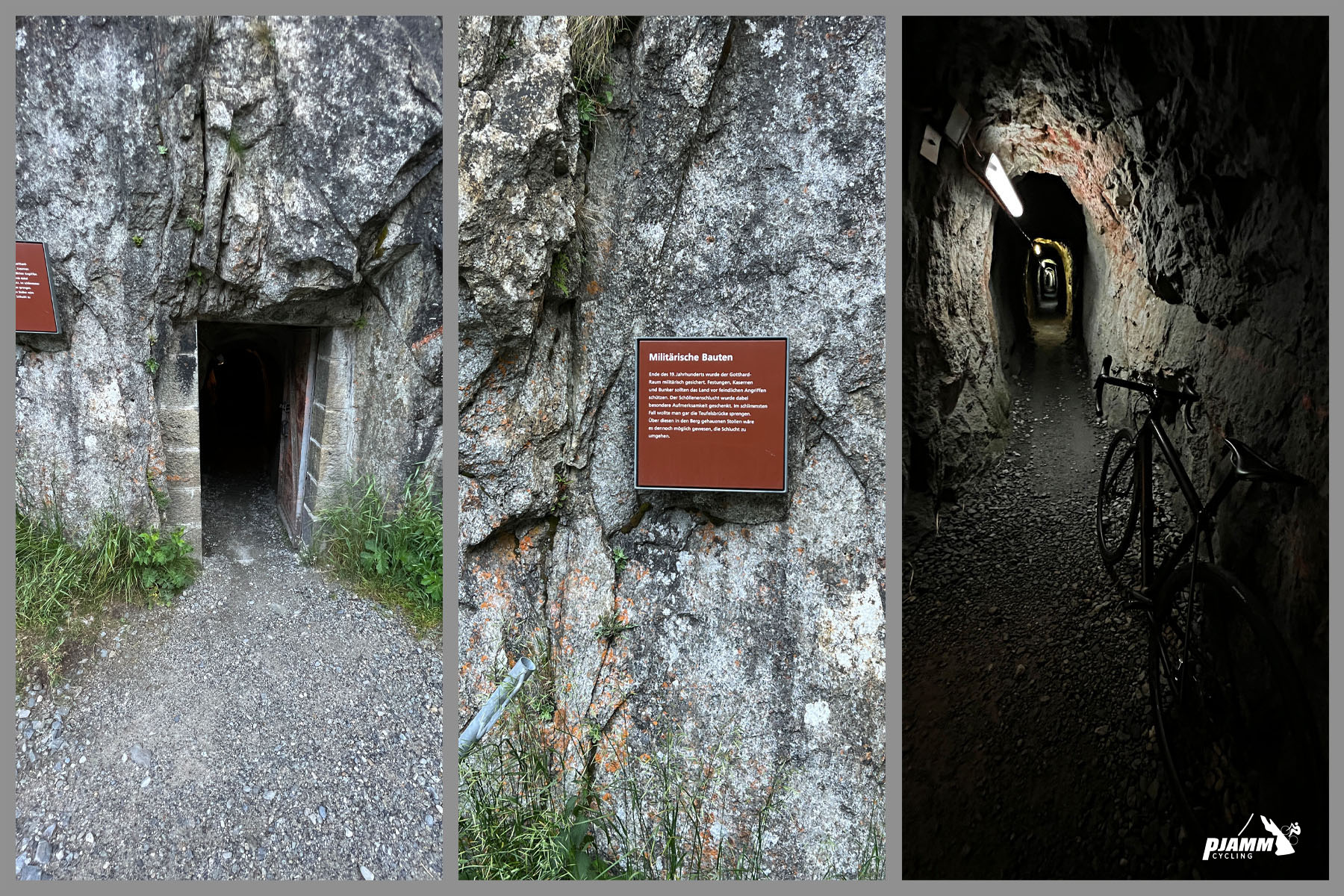 photo collage shows views inside and outside of a small tunnel located in the rock face below Devil's Bridge