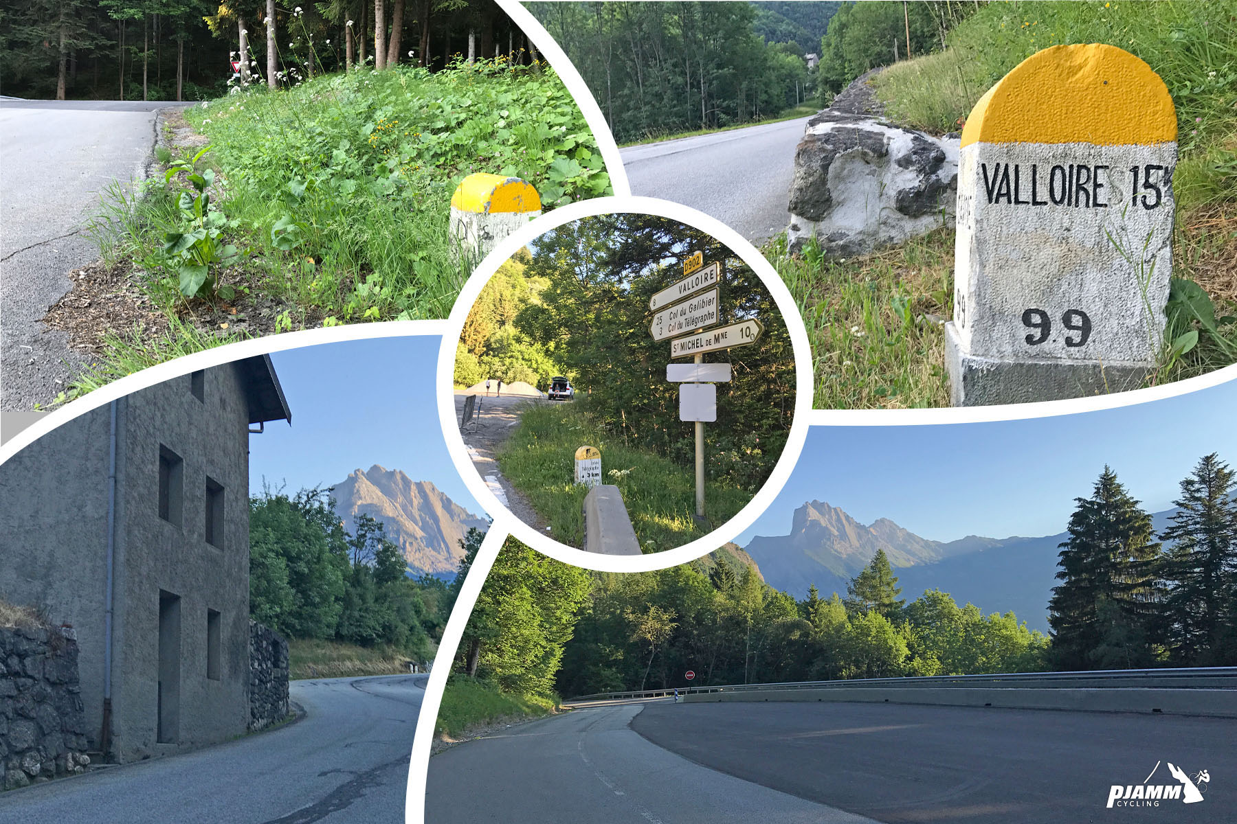 Cycling Col du Télégraphe - photo colage shows Valloire KM marker signs on side of roadway