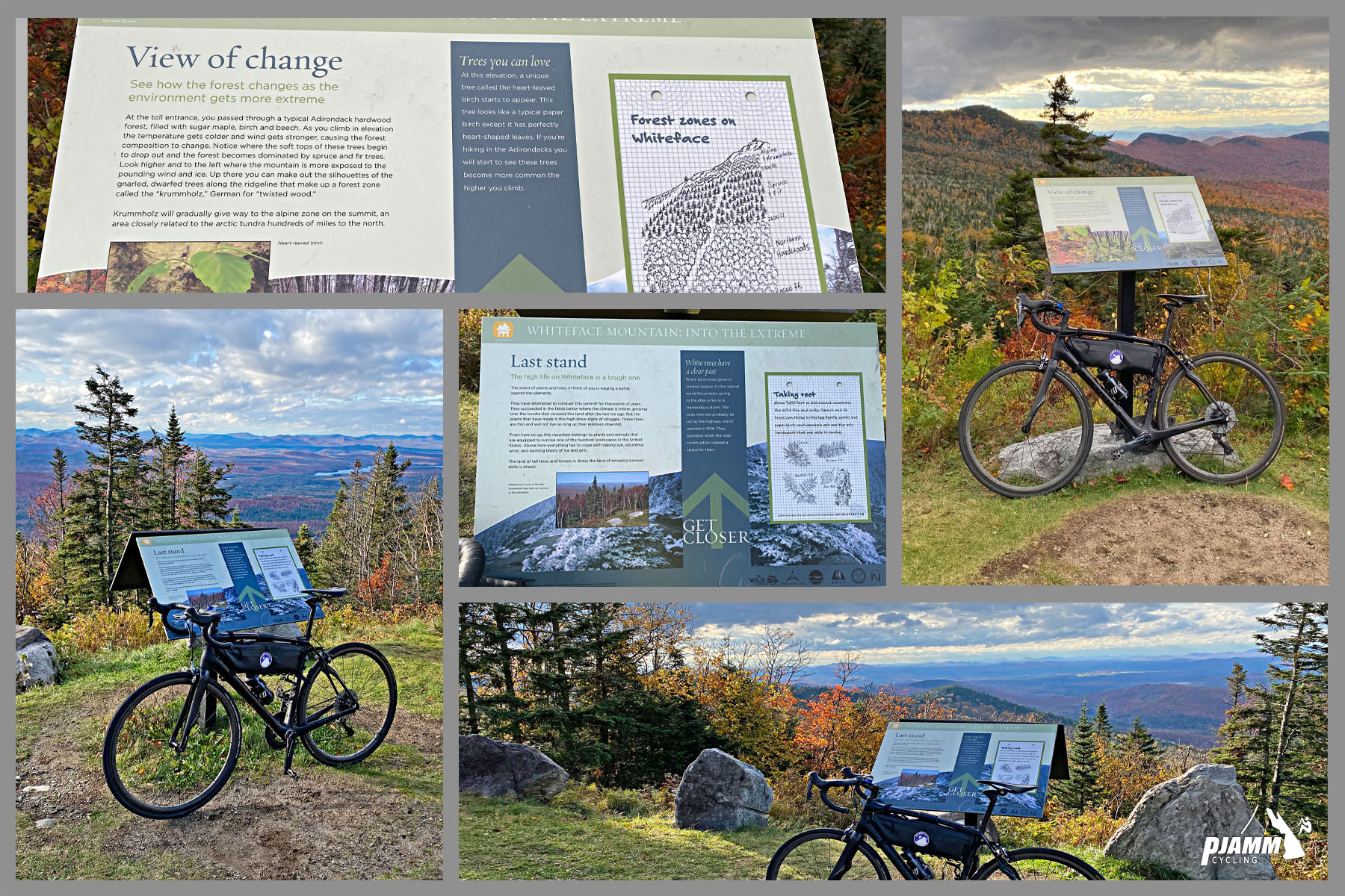 Cycling Whiteface Mountain - photo collage, bike parked at several viewpoints along climb, PJAMM Cycling logo in corner