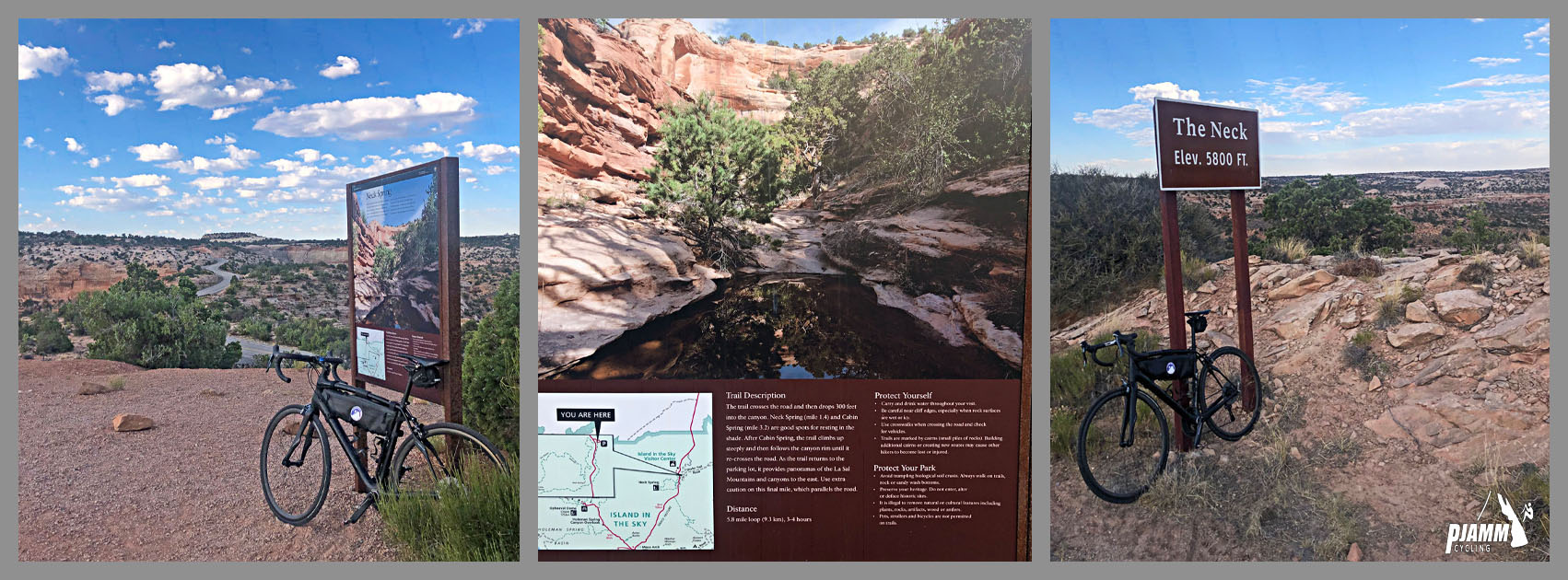 Cycling Canyonlands National Park Cycling Canyonlands National Park - photo collage, PJAMM Cycling logo in corner, The Neck Viewpoint, bike parked in front of informational sign at viewpoint