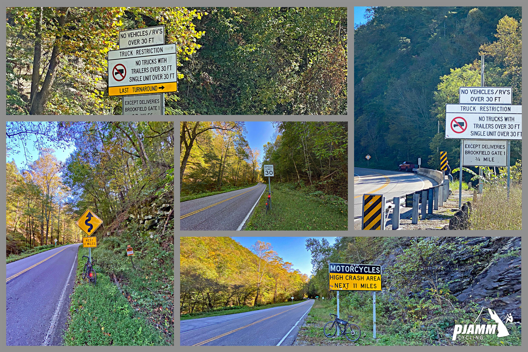 Cycling Tail of the Dragon, Tennessee - warning signs and signs for curves in road along roadway