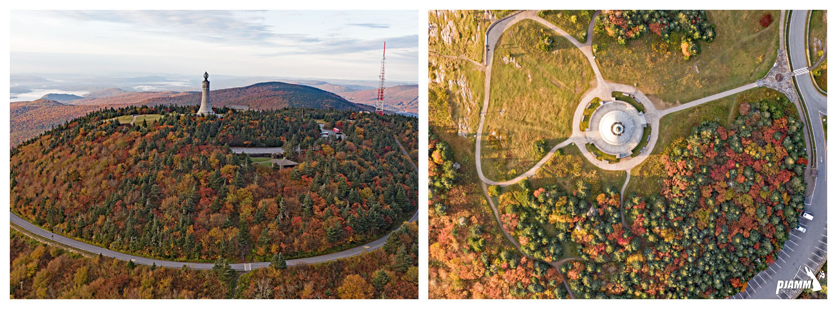 Cycling Mt. Greylock, Massachusetts  - aerial drone views of Veterans Memorial Tower atop climb's summit, fall foliage 