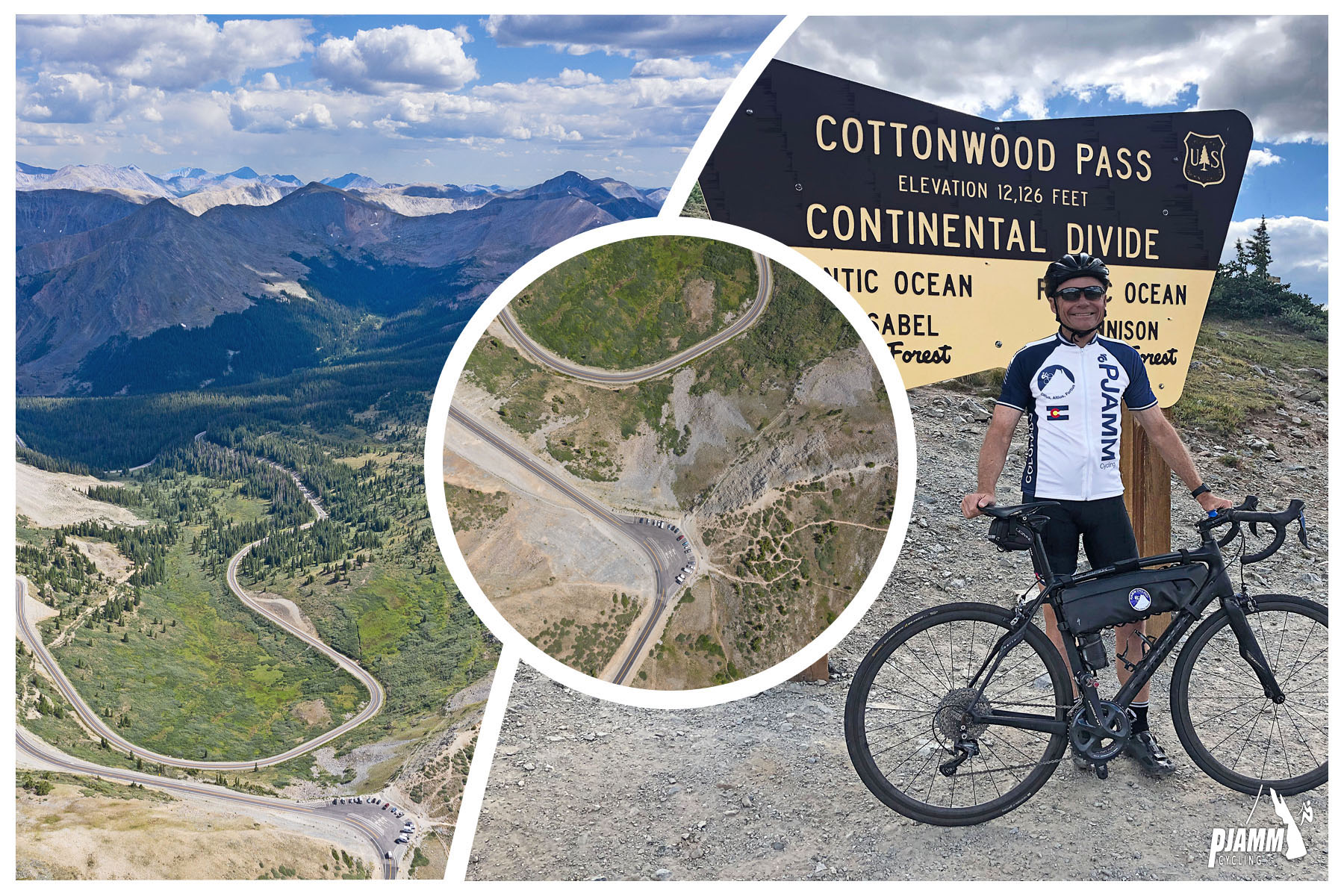 Cycling Cottonwood Pass, Colorado Cycling Cottonwood Pass, Colorado - John Johnson standing with bike in front of Cottonwood Pass sign, aerial view of roadway snaking up mountainside below, PJAMM Cycling logo in corner