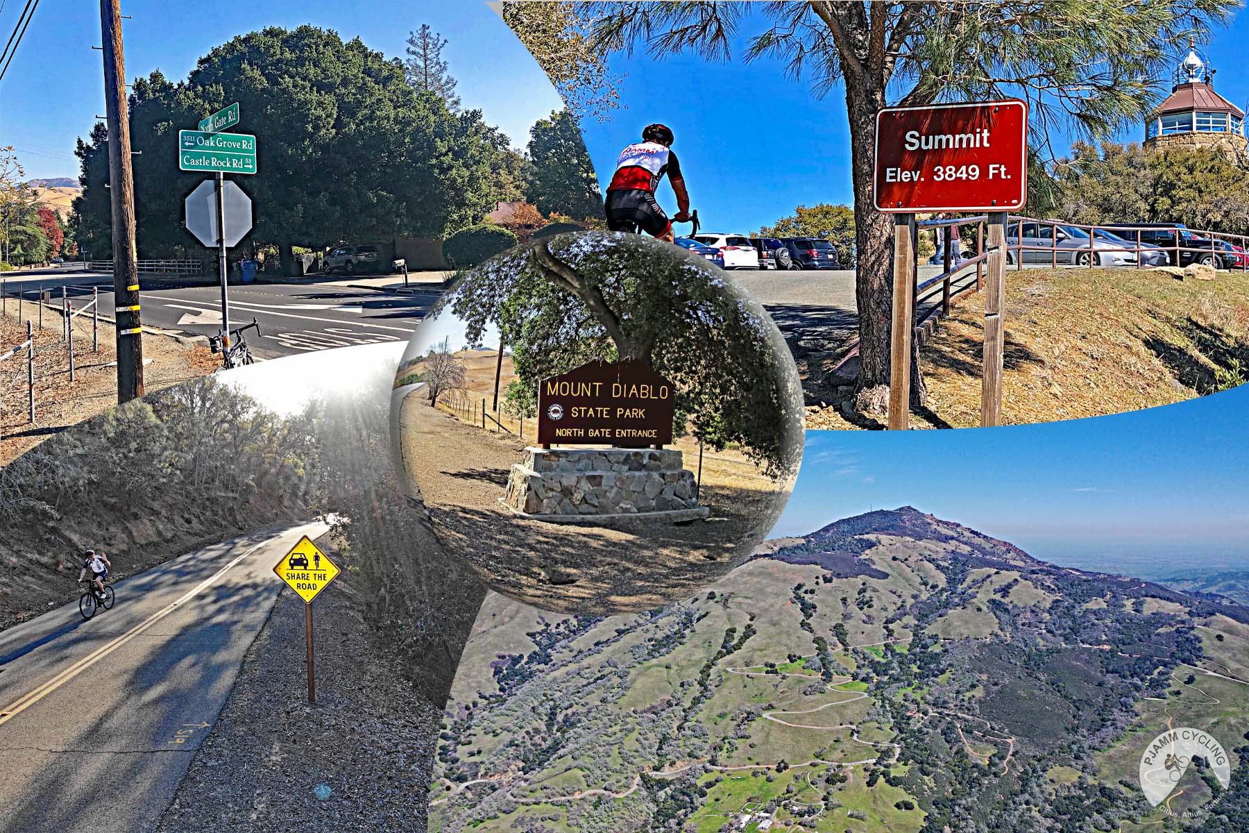 Photo collage, signs for Mt. Diablo State Park, Summit, aerial drone view of the road along Mt. Diablo, PJAMM Cycling logo in corner