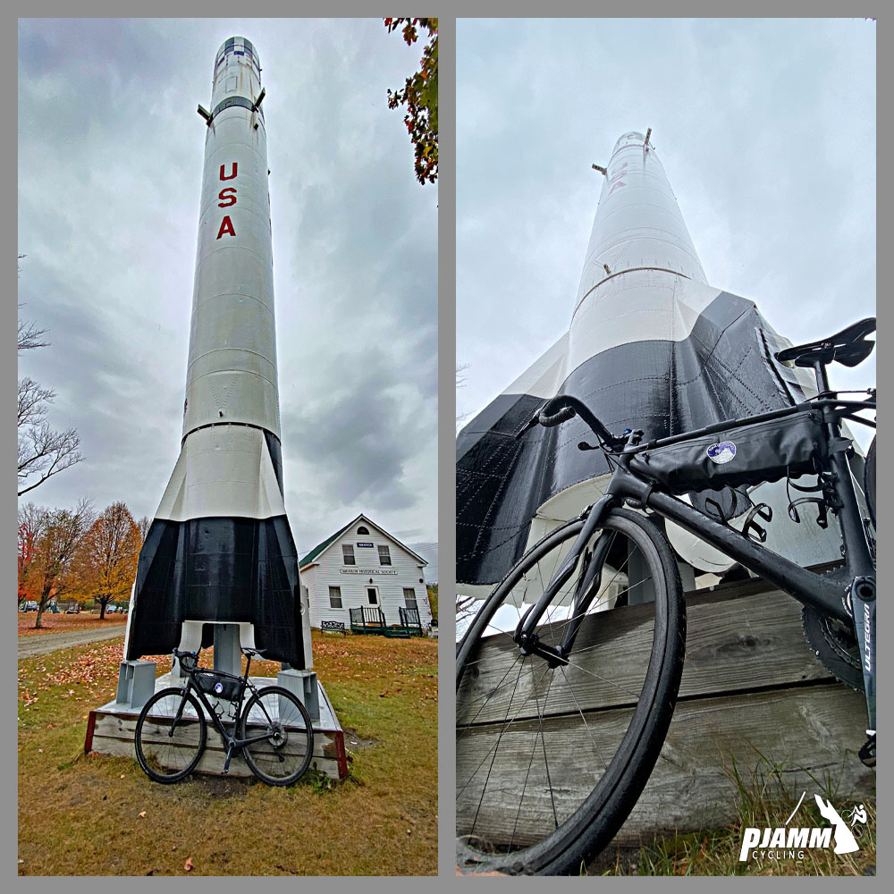 Cycling Route 118 South, New Hampshire  - bike parked in front of Redstone ballistic missle