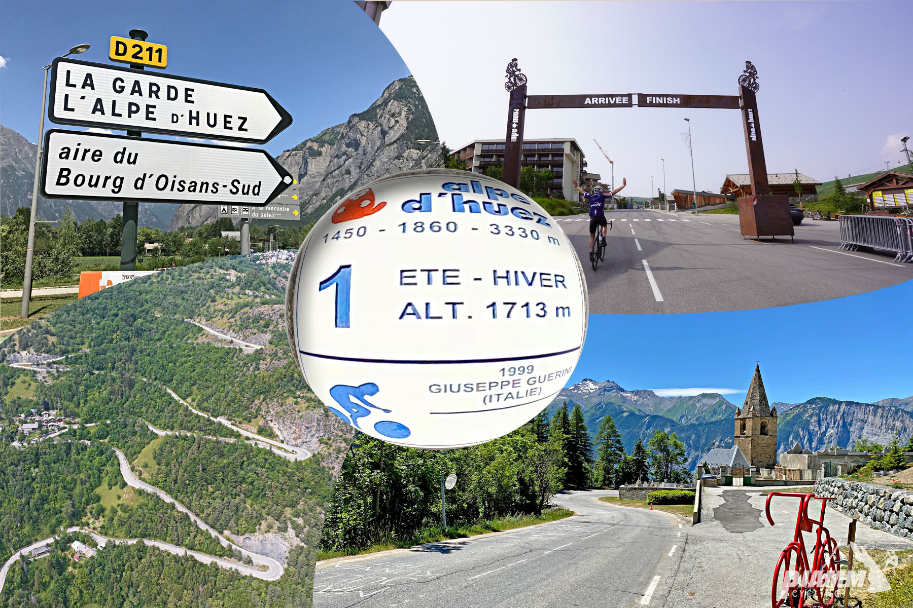photo collage shows signs for La Garde l'Alpe d'Huez, Tour de France Finish/Start sign, French Alps views, aerial drone view showing switchbacks up climb