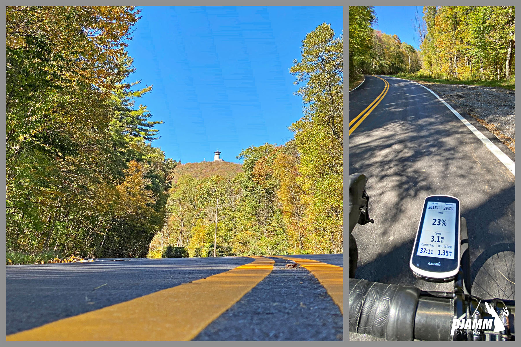 Cycling Brasstown Bald, Georgia - Garmin device showing 23% grade, tiny tower can be seen on summit, fall foliage, PJAMM Cycling logo in corner