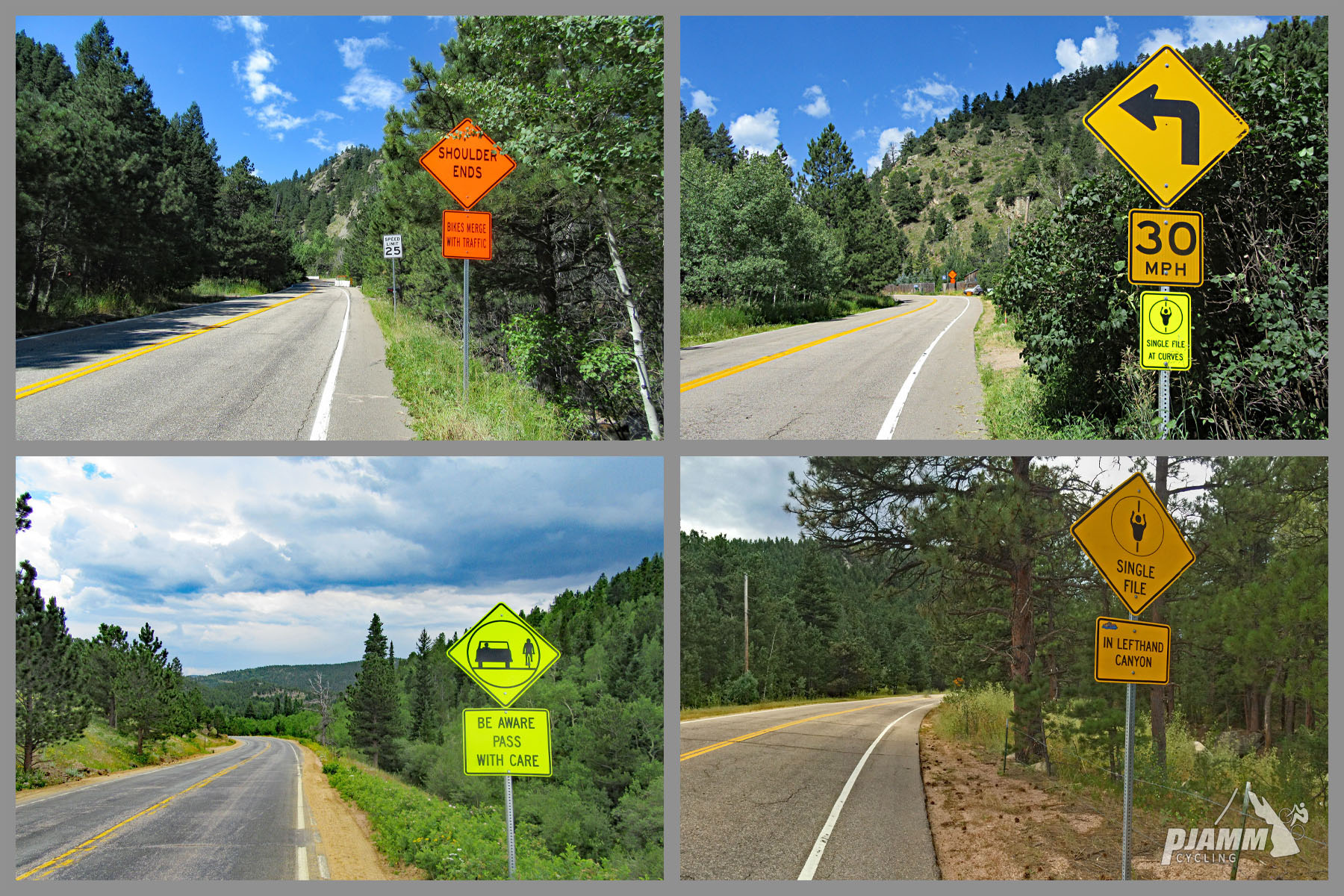Cycling Left Hand Canyon, Boulder, Colorado - photo collage, PJAMM Cycling logo in corner, roadsigns along the roadway reading: "Shoulder Ends", "Be aware, pass with care", "Single File in Lefthand Canyon", and "30 MPH Single File at Curves"