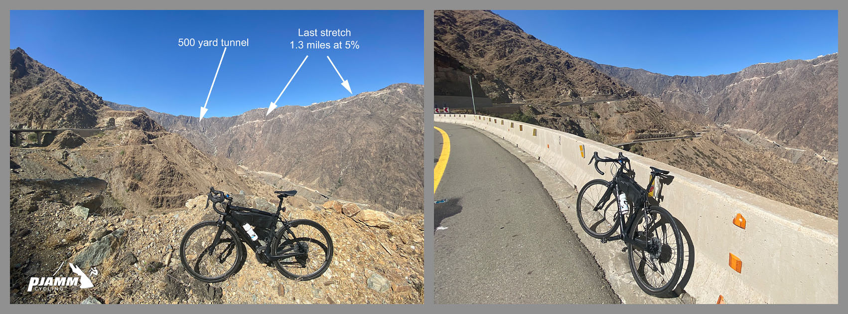 Cycling Al Bahah Pass, Saudi Arabia - bike parked against guardrail, 500 yard tunnel pointed out in distance