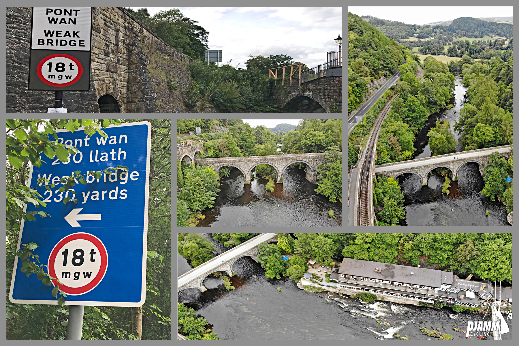 Climbing Horseshoe Pass by bike - photo collage, various views of the Llangollen bridge, road signs, aerial views of river