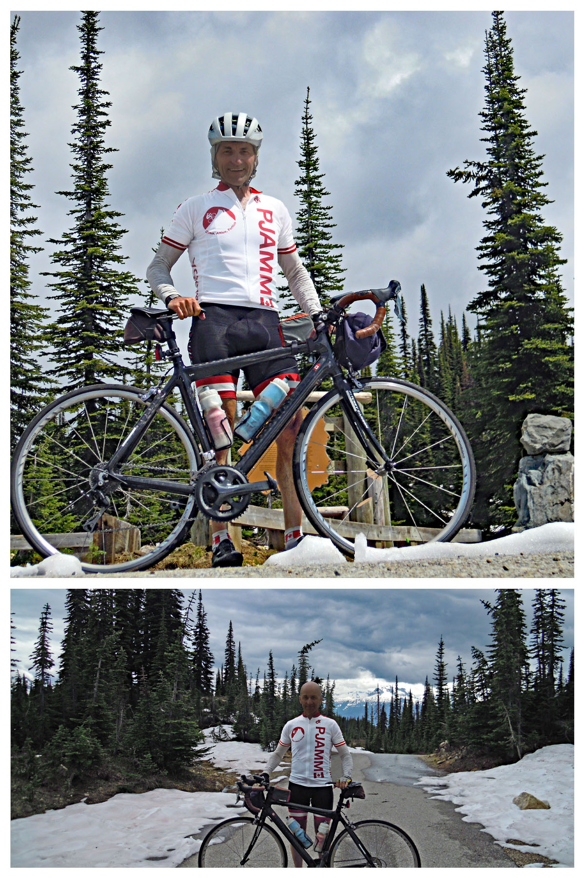 Cycling Mt. Revelstoke, BC, Canada - cyclist standing with bike in snowy roadway,  surrounded by spiky evergreen trees, wearing PJAMM Cycling jersey