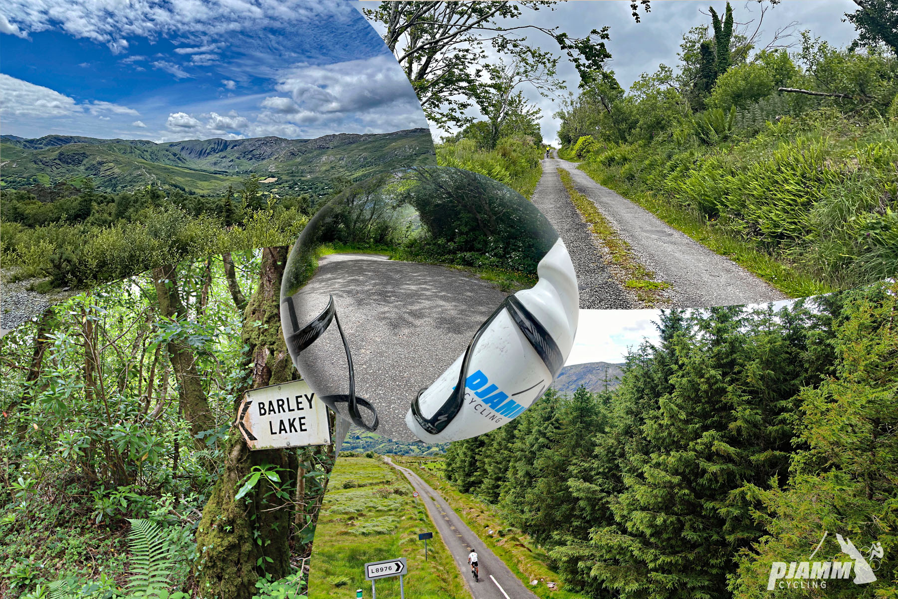 photo collage shows aerial drone view of PJAMM Cyclist on Glengariff Forest road, sign for Barkley Lake, narrow, one lane roadway, green hillsides and forestation