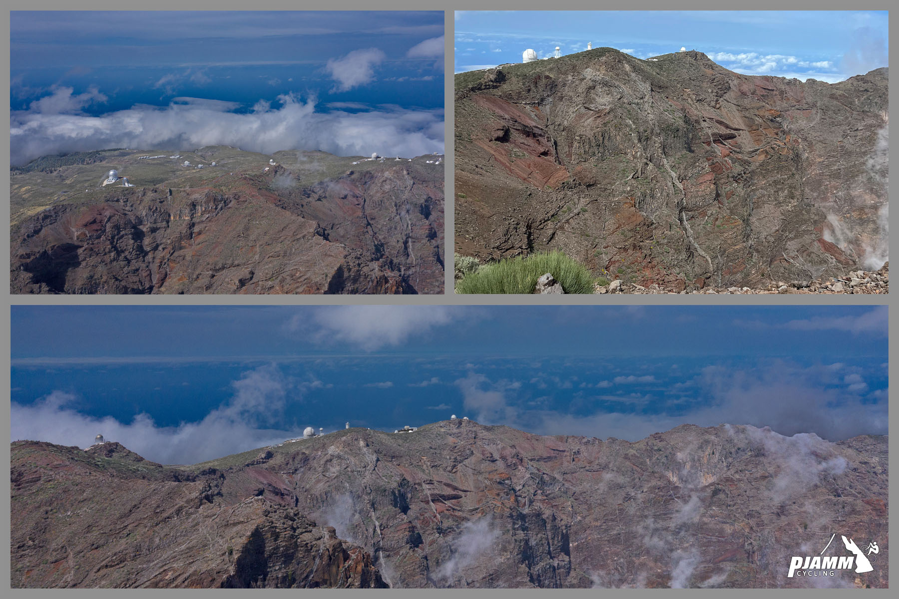 photo collage shows observatories sitting atop Roque de los Muchachos from aerial drone view