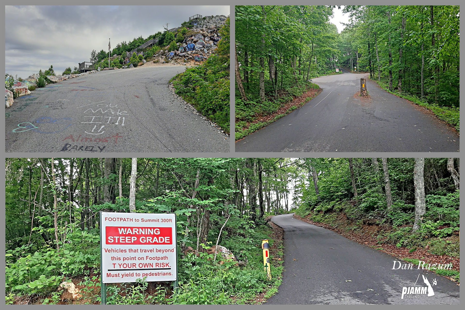photo collage shows views leading up to summit; extremely steep grade, warning signs, roadway and rocks up to summit covered in spray paint and graffiti 
