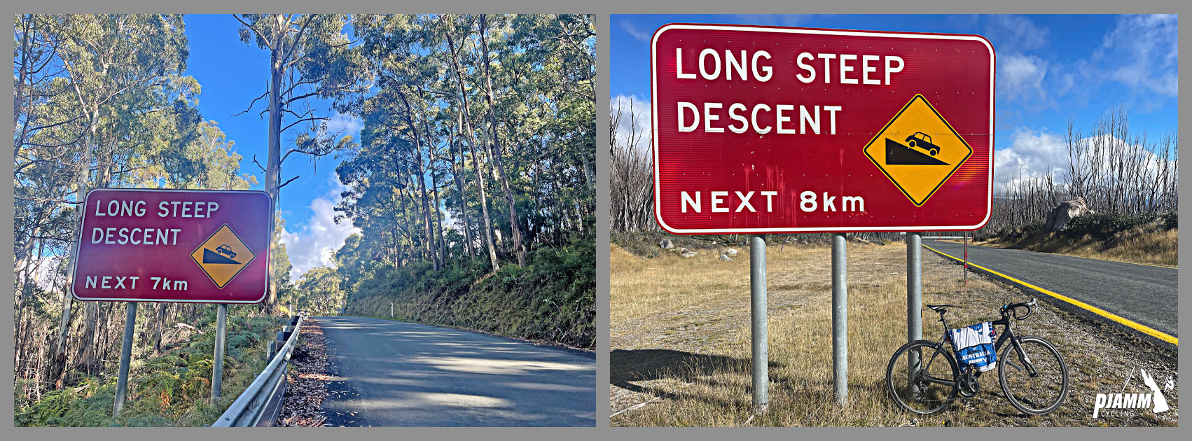 bike parked next to roadsigns warning of "Long Steep Descent"