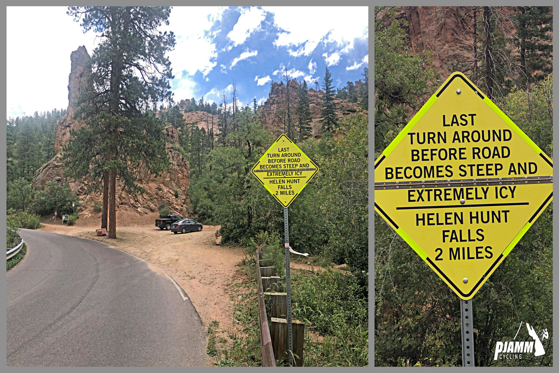 Cycling North Cheyenne Cañon, Colorado Springs - PJAMM Cycling logo in corner, warning sign on roadside for last turn around before road becomes steep and extremely icy