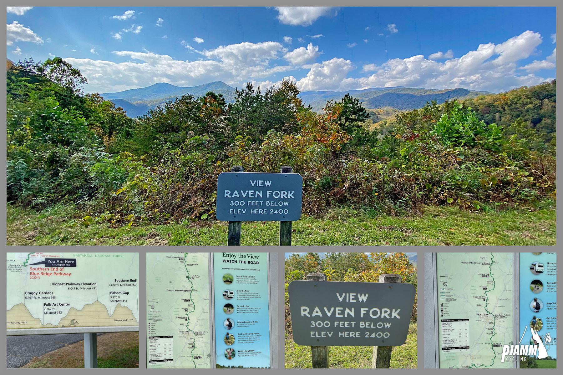 Cycling Blue Ridge Parkway -- Cherokee Hill - scenic overlook sign reads "View Raven Fork," informational signs, fall foliage and blue mountaintops 