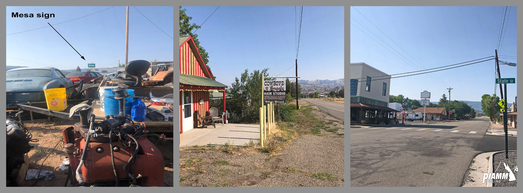 Cycling Grand Mesa North - photo collage, PJAMM Cycling logo in corner, town of Mesa