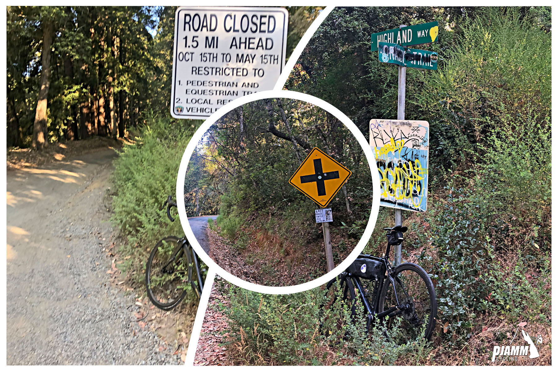 Cycling Eureka Canyon, Santa Cruz Mountains - graffitied road signs for Highland Way, bike parked along roadsigns, gravel road, redwood tree forestation