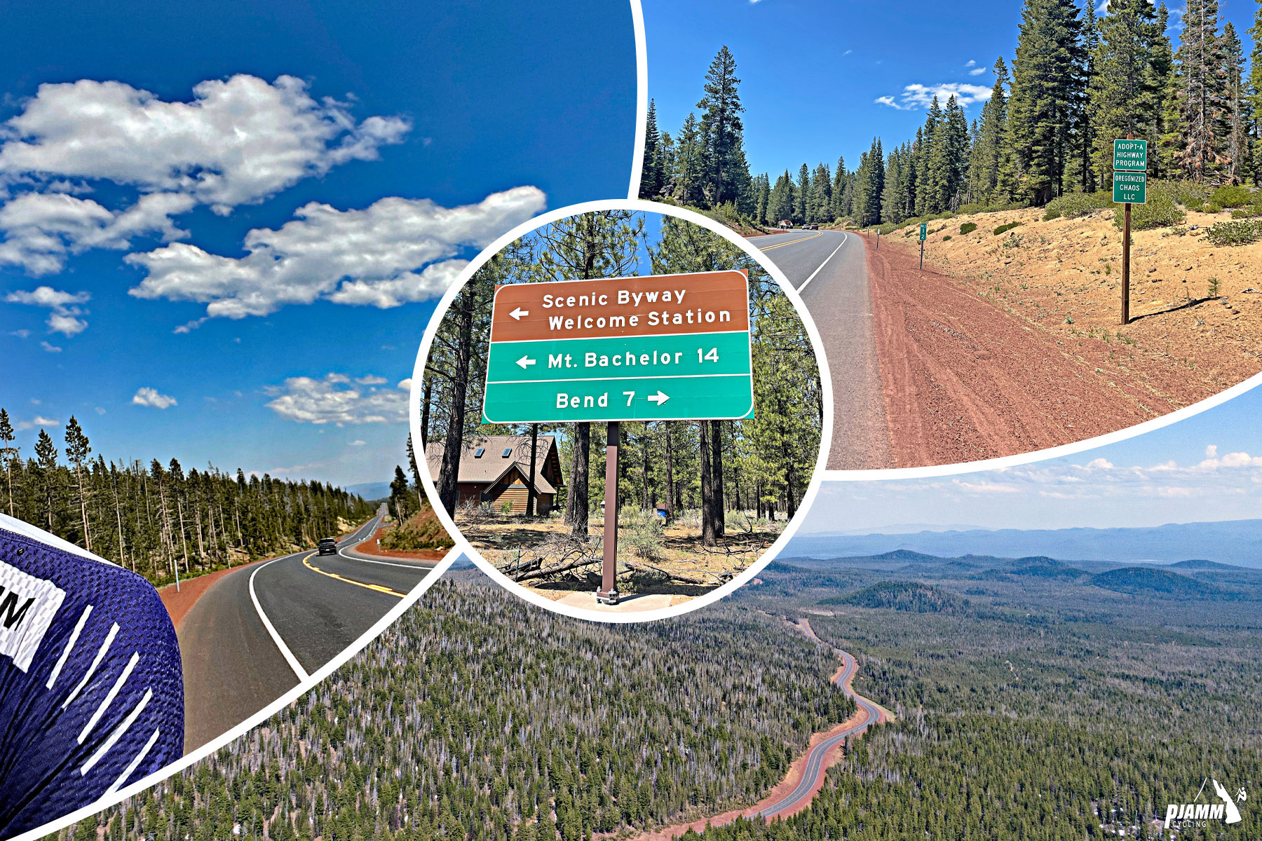 Photo collage, road signs for Scenic Byway Welcome Station, Mt. Bachelor, and Bend, aerial drone view of roadway cut within alpine setting, PJAMM Cycling logo in corner