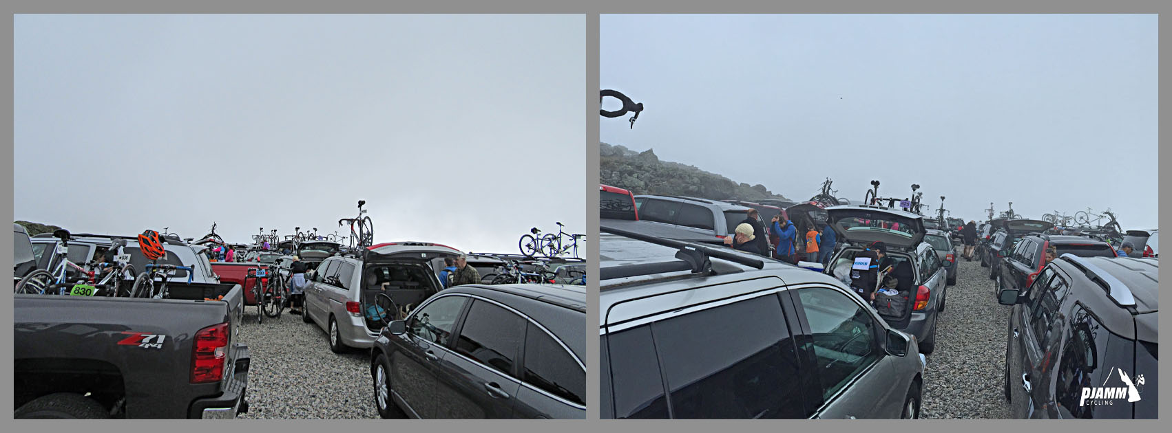 Mt. Washington Bike Climb - cars assembled to take riders down the mountain