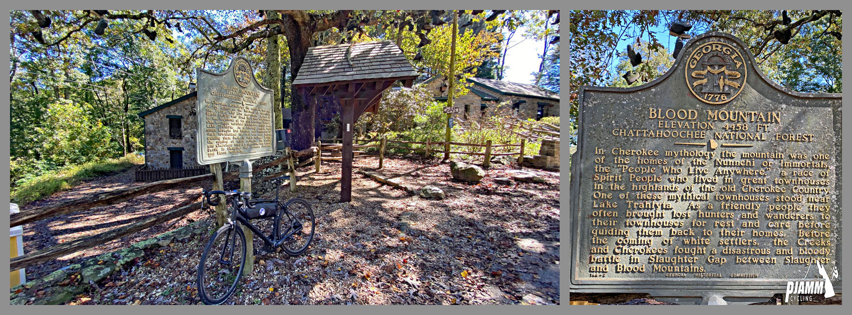 Cycling Neel Gap South, Georgia - bike parked in front of historical sign for Blood Mountain