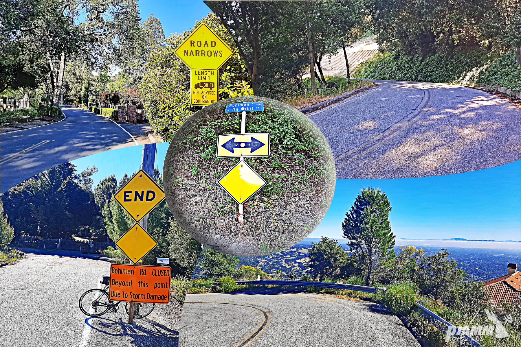 Cycling Bohlman On Orbit - photo collage, PJAMM Cycling logo in corner, road signs for Road Narrows, Road End, sharp turn down road on hillside, stretch of two lane road with trees and brush surrounding 