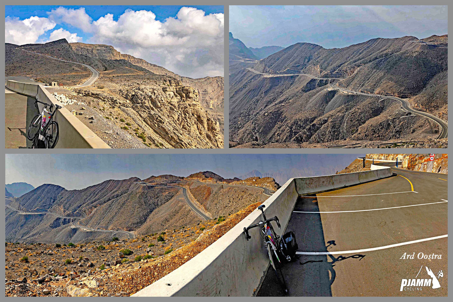 Jebel Jais, Ras Al Khaimah, UAE Jebel Jais, Ras Al Khaimah, UAE - photo collage, bike parked against low retaining wall on side of pristine roadway, road continues toward top of mountain, PJAMM Cycling logo in corner