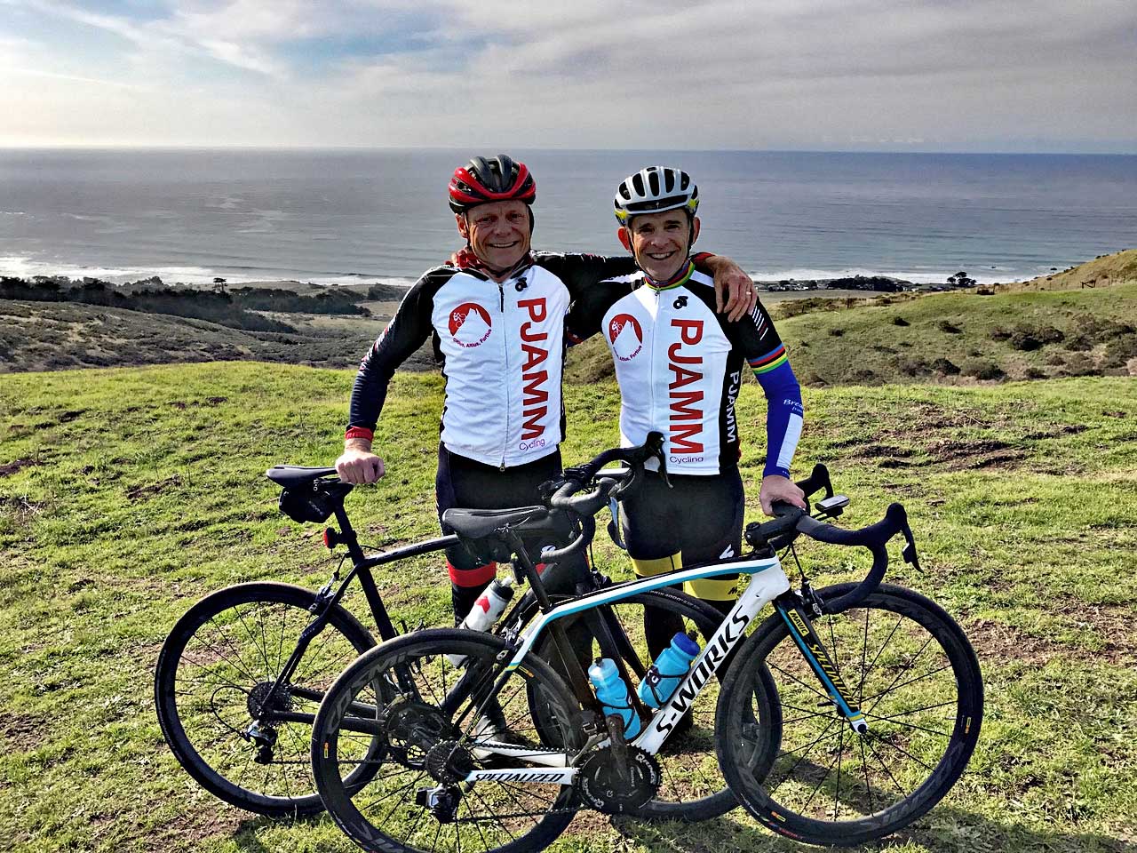PJAMM Cycling John Johnson and World and National Masters cycling champion Mark Hoffenberg on Coleman Valley Road.