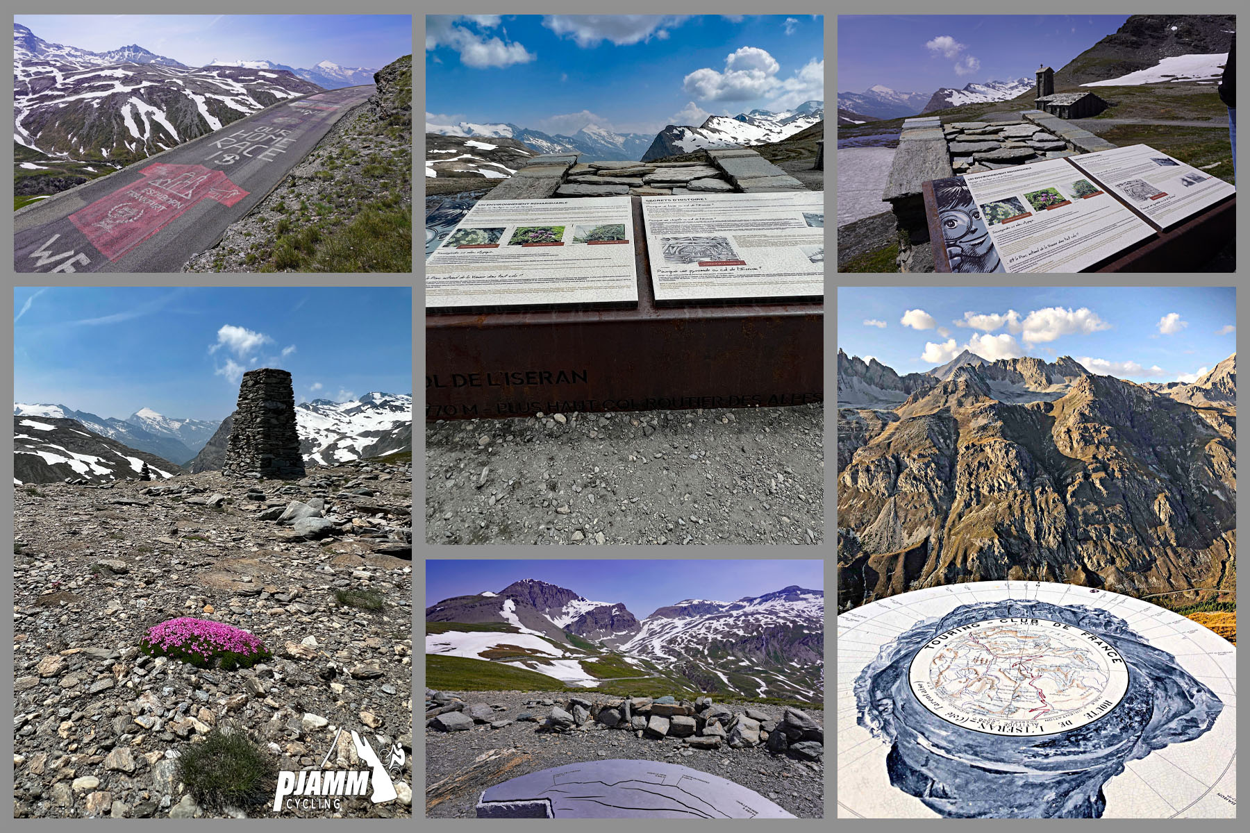 Cycling Col de L'Iseran: photo collage shows informational signs and plaques at climb finish