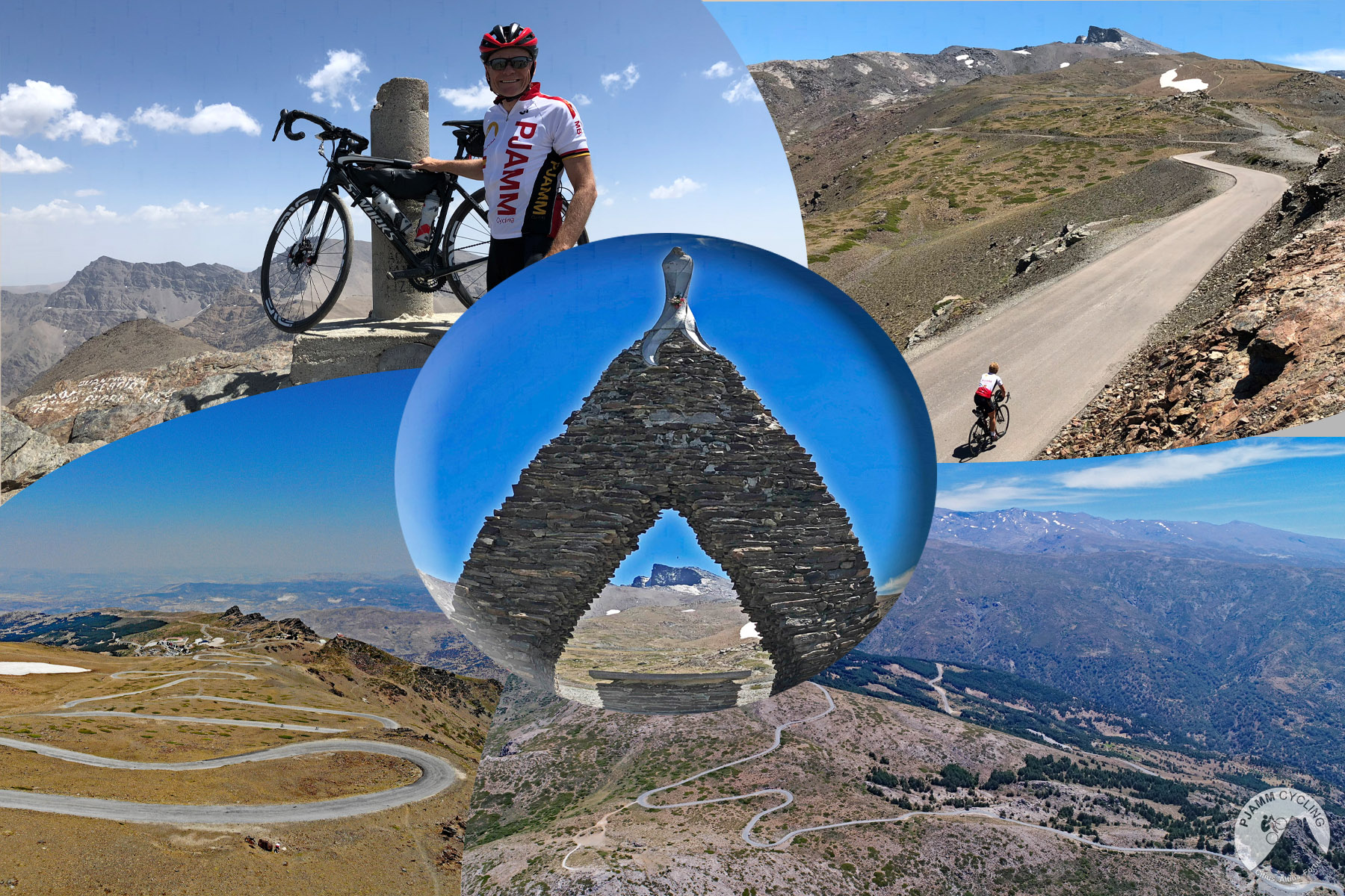 photo collage shows PJAMM Cyclist standing with bike, stone structure, aerial views of roadway snaking up mountainside
