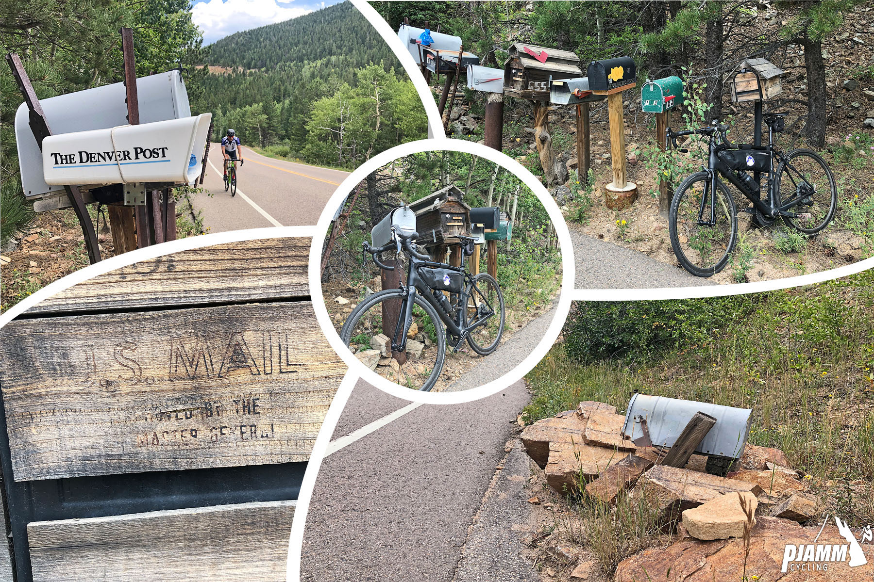 Cycling Left Hand Canyon, Boulder, Colorado - photo collage, PJAMM Cycling logo in corner, bike parked against various unique mailbox arrangements 