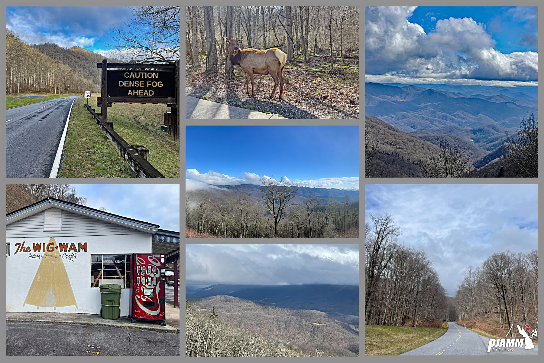 photo collage shows views along the first day of climbing, including a road sign reading "Caution Dense Fog Ahead," a road side store reading "Wig-Wam" on the side, a large moose, and views of densely lined bare-limbed trees 